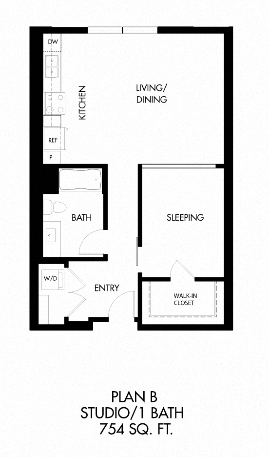 Floor plan for studio, 1 bath, 755 sqft